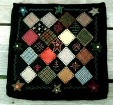 Diamond Crazy Wool Applique Pillow & Embroidery Pattern Primitive Folk Art