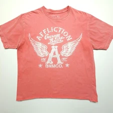 Affliction Mens Shirt Large Red Faded Pink Light Washout Distressed Raw Cut Hem