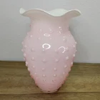 Vtg 60s FENTON PINK  Cased White Glass HOBNAIL  Ruffled Petal VASE   7”