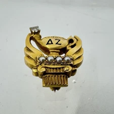 Delta Zeta Lamp Badge 14k Gold Diamond Seed Pearl Sorority Vintage Pin 1945