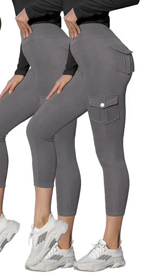 Leggings cargo para mujer con 4 bolsillos cierre de botones gris Foto 2 de 2