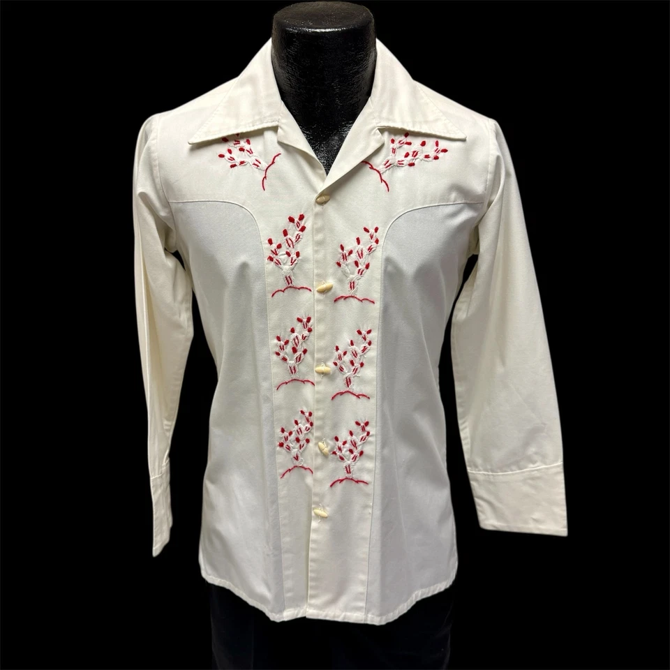 Vtg 70’s White RED Embroidered CACTUS FLOWERS Butterfly Collar DISCO Shirt M - Image 3 of 4