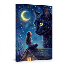 Magical Night Sky Cat Wall Art Canvas Poster,Girl Meditating on Roof Under