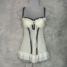Vtg 90s Y2k White Lace Babydoll Chemise Ruffle lace up Sz M Coquette sheer