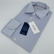 Eton Dress Shirt Men XL 17 1/2 - 44 White Blue Check Slim Fit Collared Button Up