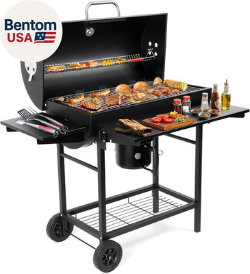 Charcoal BBQ Grills Outdoor: Spacious Barrel Barbecue Grill with Side Front Tabl