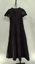 Quince Women 100% Organic Cotton Poplin Tiered Maxi Dress Black Basic Sleeved M