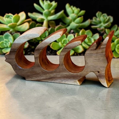 Weinregal Holz Fisch Akazie Handgeschnitzt 3 Flaschen Geschenk Unikat Massiv - Bild 1 von 4