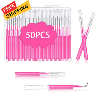 Micro Eyebrow Brush Set with Cap 50Pcs Eyelash Spoolies Comb Brow 50PCS, Pink
