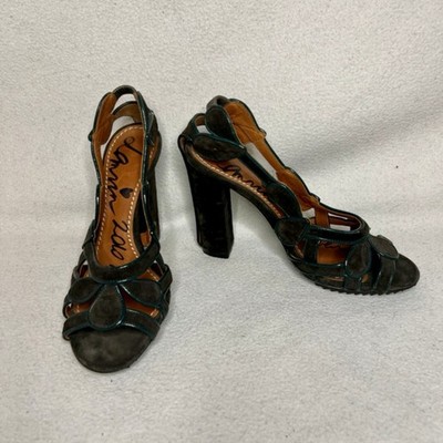 Vintage 2010 Lanvin Wildleder Block High Heel Schuhe Grün Khaki EU 36 UK 3 Open Toe