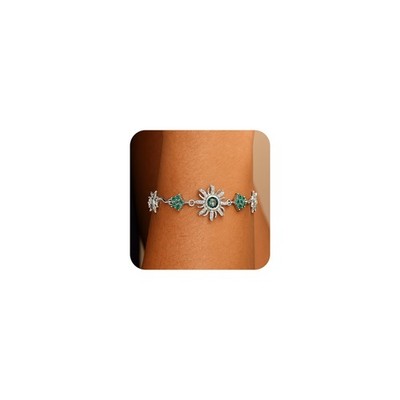 Silver Sun Flower Link Bracelet for Women, Dainty Sparkly Green Crystal Rhinesto