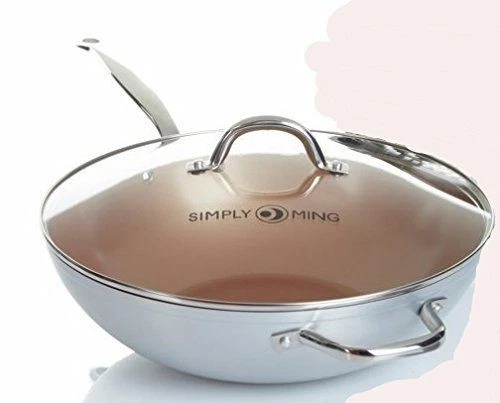 Simply Ming 13” Nonstick Forged Metallic Wok Pan w Glass Lid,Copper Interior,NEW