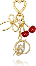 Initial Keychain with Bow and Cherry,Gold Letter Bag Charms for Women,Cute Purse