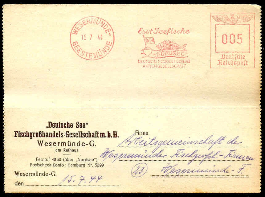 (108) Freistempel 5 Rpf Esst Seefische Wesermünde Geestemünde 15.7.44 Fisch fish - Bild 1 von 1