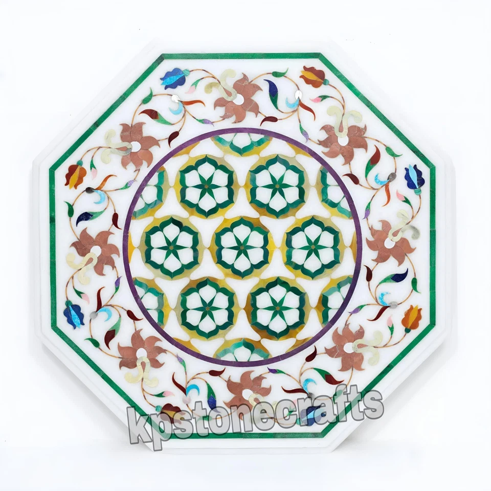 23" Handcrafted White Marble Table Top with Semi-Precious Stone Inlay – Stones - Image 3 of 4