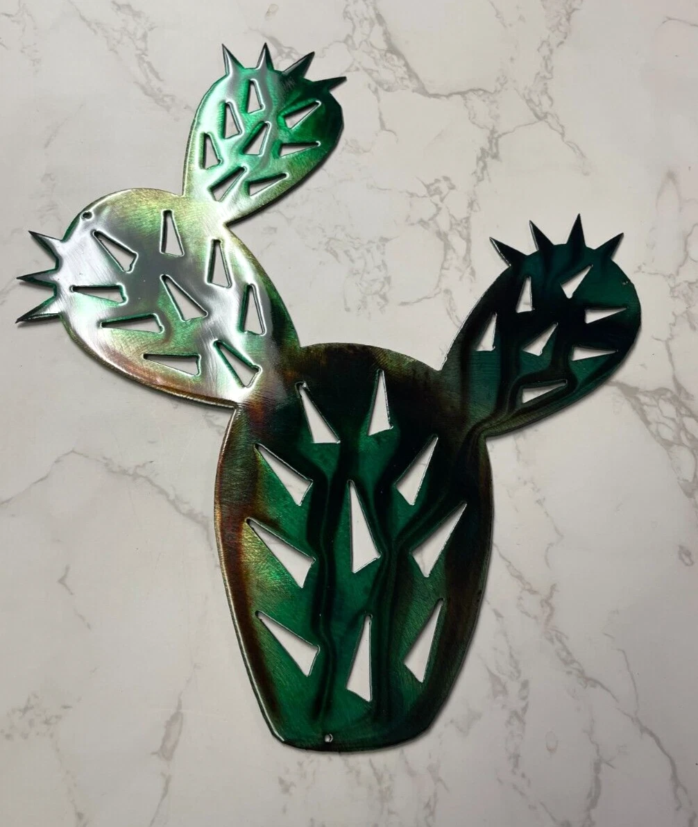 Prickly Pear Cactus Metal Wall Art 12" x 9 3/4" Marbled Green