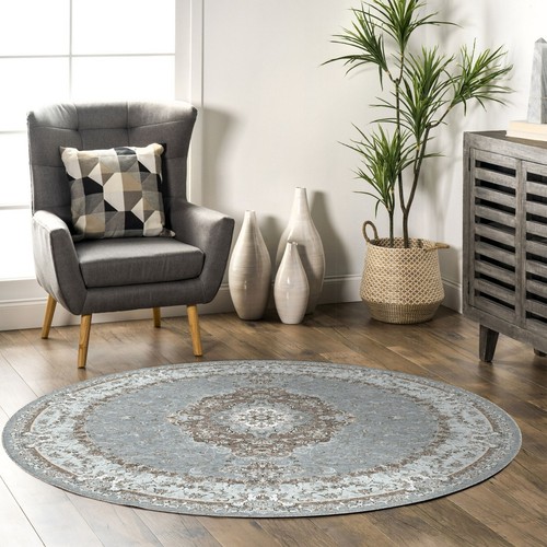 Blue Victorian Rug, Round Floral, Muted Oriental, Vintage Faded, Pastel Antique - Picture 4 of 5
