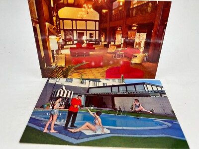 Eureka Inn 2 POSTCARDs VINTAGE Historic  Hotel 1960s pool scene Lobby decor RPPC