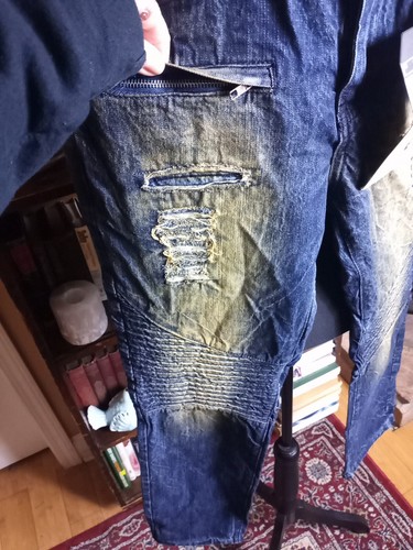 Encrypted Jeans Mens 32x33 Distressed Acid Wash Relaxed Biker Moto Quilted NEW - Picture 4 of 14