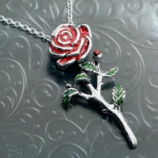 Rose Necklace Long Stem with red Epoxy Pendant Gift Jewelry by Controse