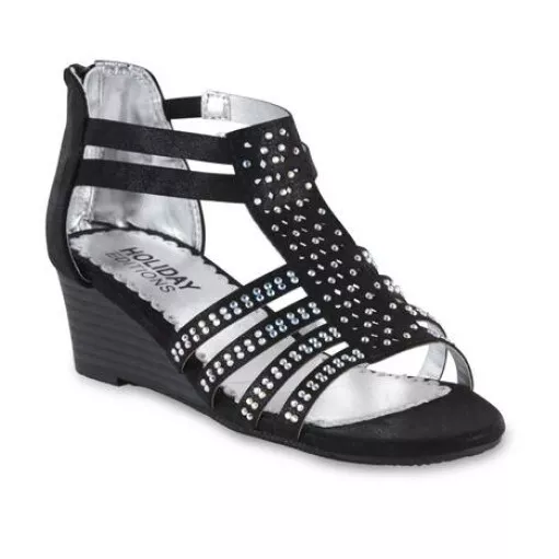 Girls Wedge Sandal Dress Up Shoes Black w Rhinestones Dress