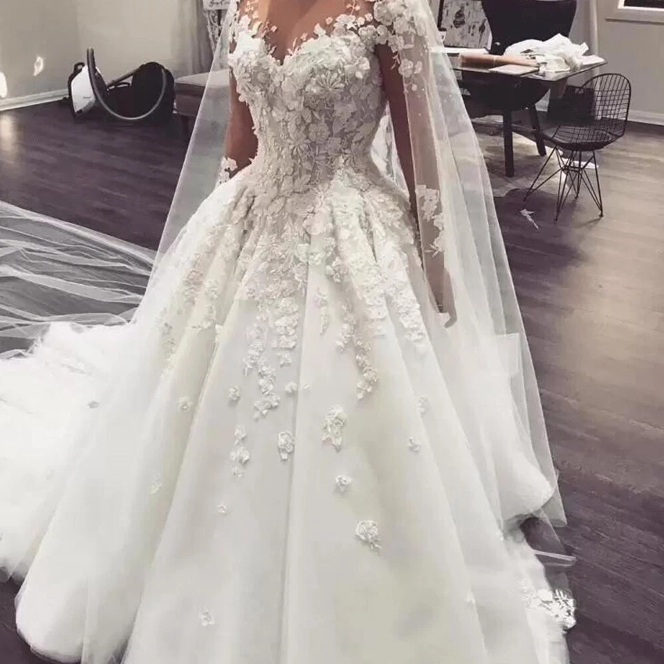 Elegant Wedding Dresses Long Sleeve Tulle Lace Applique Sweep Train Bridal Gowns - Image 3 of 4