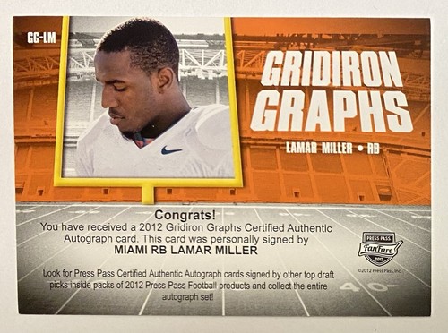 Lamar Miller 2012 Press Pass Gridiron Graphs AUTO INSCRIPTION MILLER TIME 1/1 - Picture 8 of 8