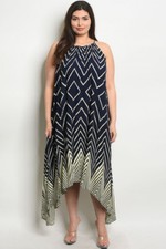 Womens Plus Size Navy Blue and Cream Maxi Dress 1XL New Chevron Print Travel Att