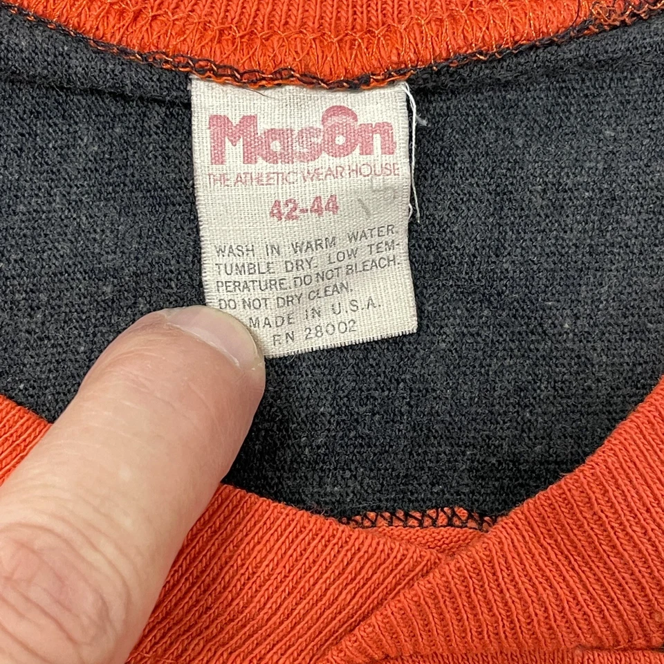 Vtg 80's Mason Orange RINGER Heavy MUD Oil Well T Shirt BASEBALL TEAM JERSEY L - Image 4 of 4