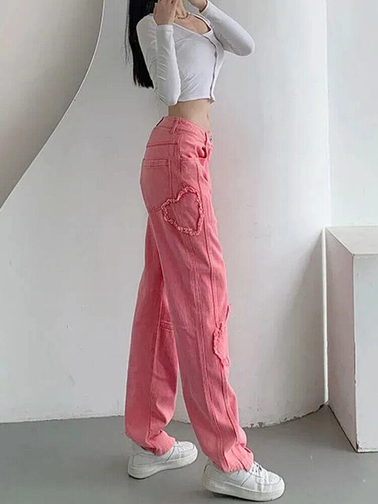 Women Fashion High Waist Denim Pants Wide Leg Pants Pink Jeans Straight  Trousers