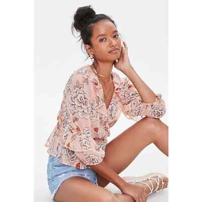 Forever 21 Flounce Floral Print Wrap Top Size S Woven Surplice Ruffle Peach 