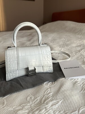 Balenciaga Hourglass Croc-Embossed Crossbody XS White Leather