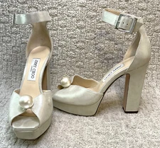 Jimmy Choo Champagne Shimmer Sandals Socorie Shoes 38 US 8 Platform Pearl Trim