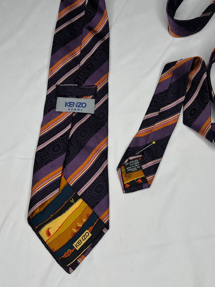 Corbata vintage Kenzo Silk Rep púrpura lavanda naranja gris rayas 1990 hecha en Italia Foto 3 de 4