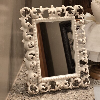 Antique Cast Iron Vanity Mirror w/ Easel Ivory Scroll 8x10 Shabby Chic Rustic 