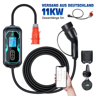 11kW 16A EV Ladegerät Ladekabel 5M Starkstrom CEE Typ 2 Mobile Wallbox APP WIFI