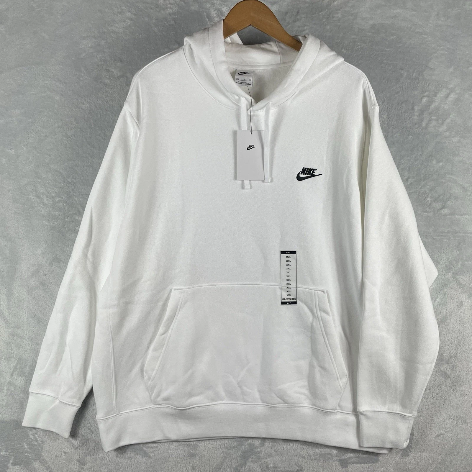 Nike Club Pullover Hoodie Mens 2XL White Black Logo BV2654-100 NEW NWT Loose Fit