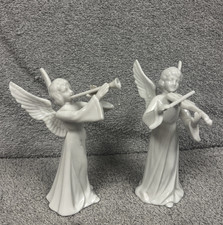 Vintage Set of 2 Schmid Bros White Porcelain Angel Christmas Figurines 5.5 in