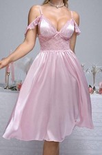 Vtg Stl Olga-Esque Flowy Pink Satin  Lace Drop Shoulder Nighty Nightgown L NEW
