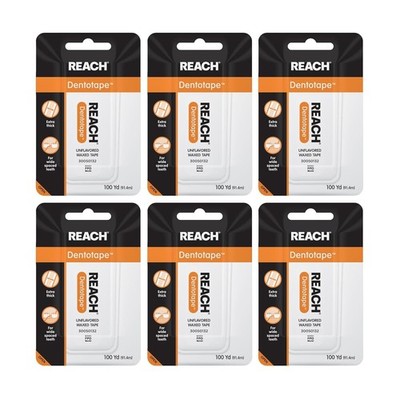6 Pack Reach Dentotape Unflavored Extra Thick Waxed Tape 100 Yards Dental Floss