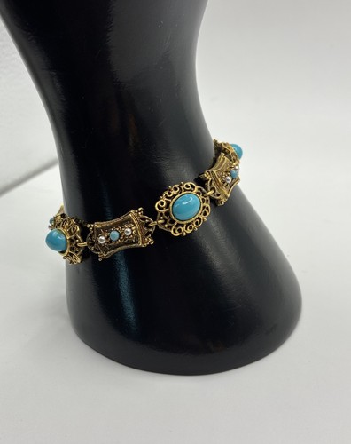 Bracelet Vintage DLH Années 70 - Étain Et Cabochons Rose Nacré - Longueur 19 Cm