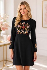 LOFT Black Floral Embroidered Dress Womens 8 Long Sleeve Knit Fit Flare
