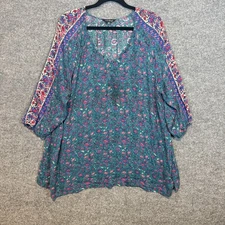 Lucky Brand Shirt Womens 2XL XXL Blue Floral  Vneck Bohemian 3/4 Sleeve Plus Sz