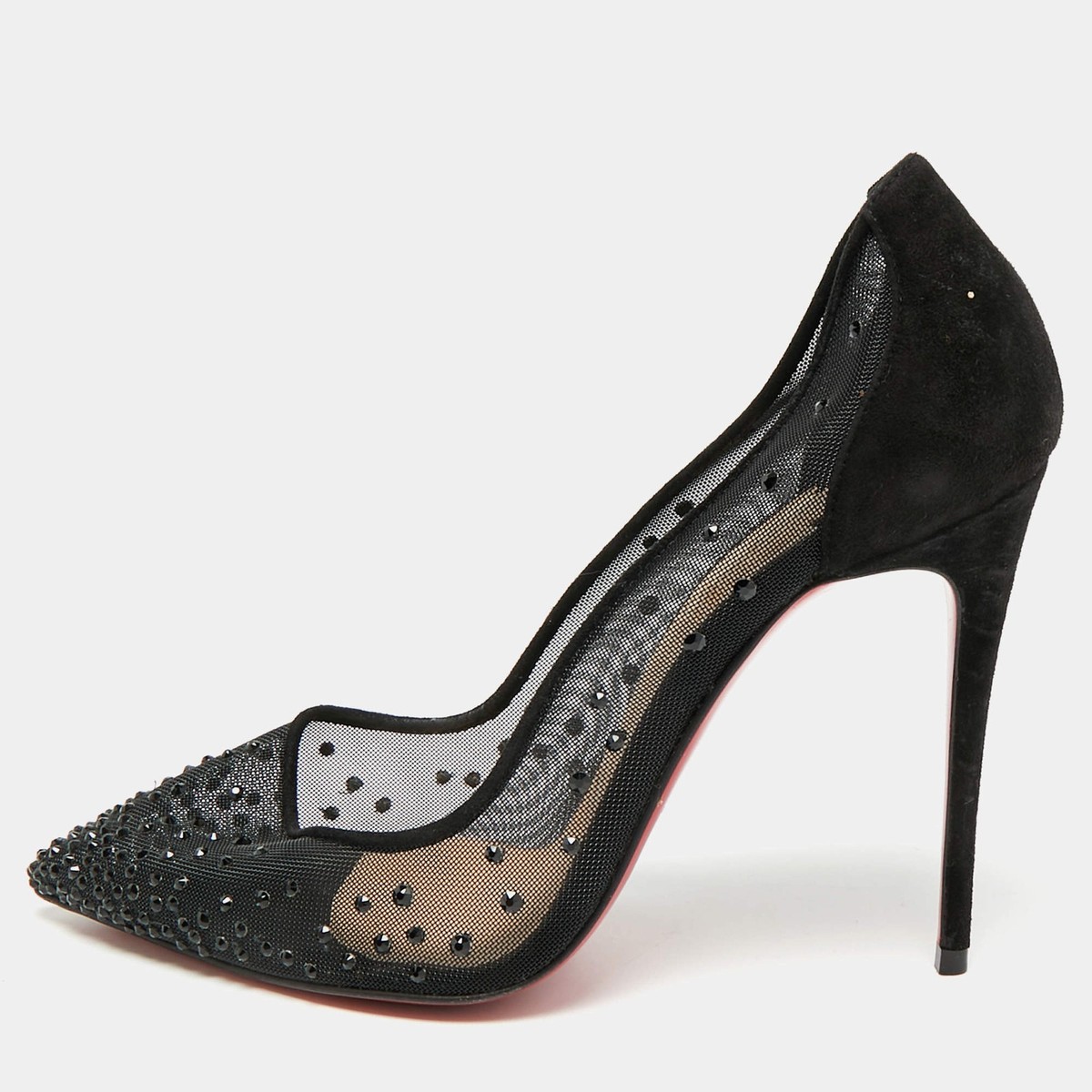 Christian Louboutin Follies Strass Size 36 Black Mesh and Suede