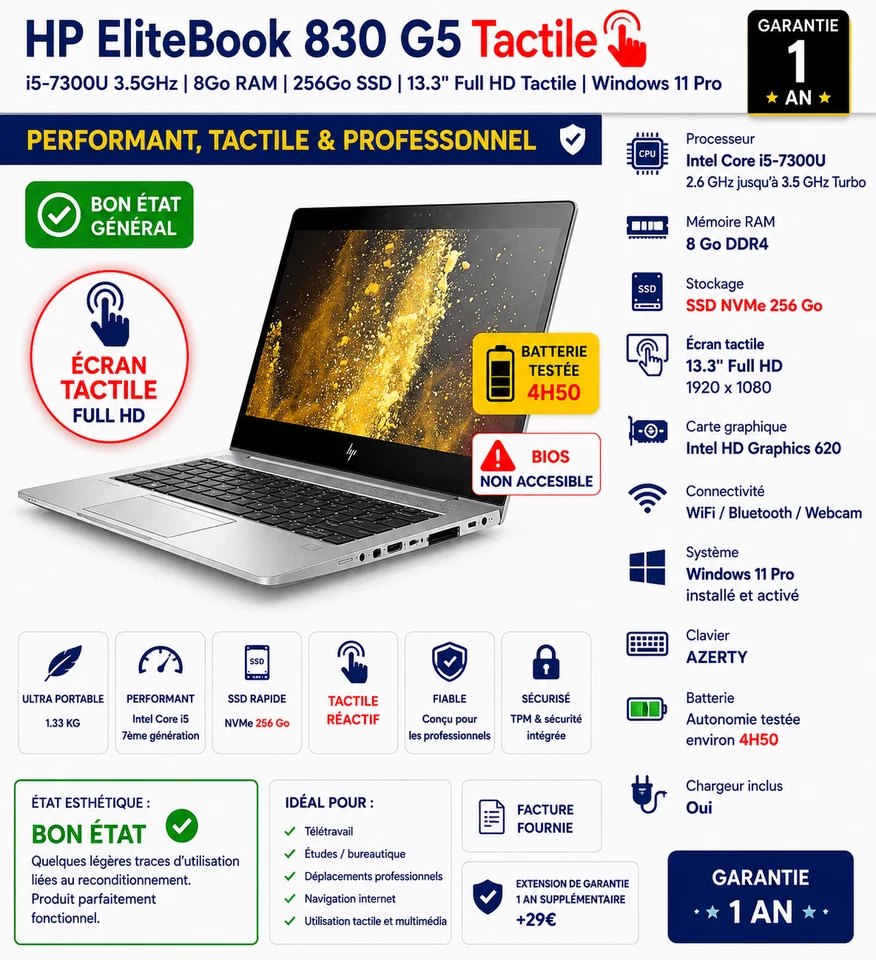 HP EliteBook 830 G5 · i5-7300U · 8GB · 256GB, photo 1 sur 5