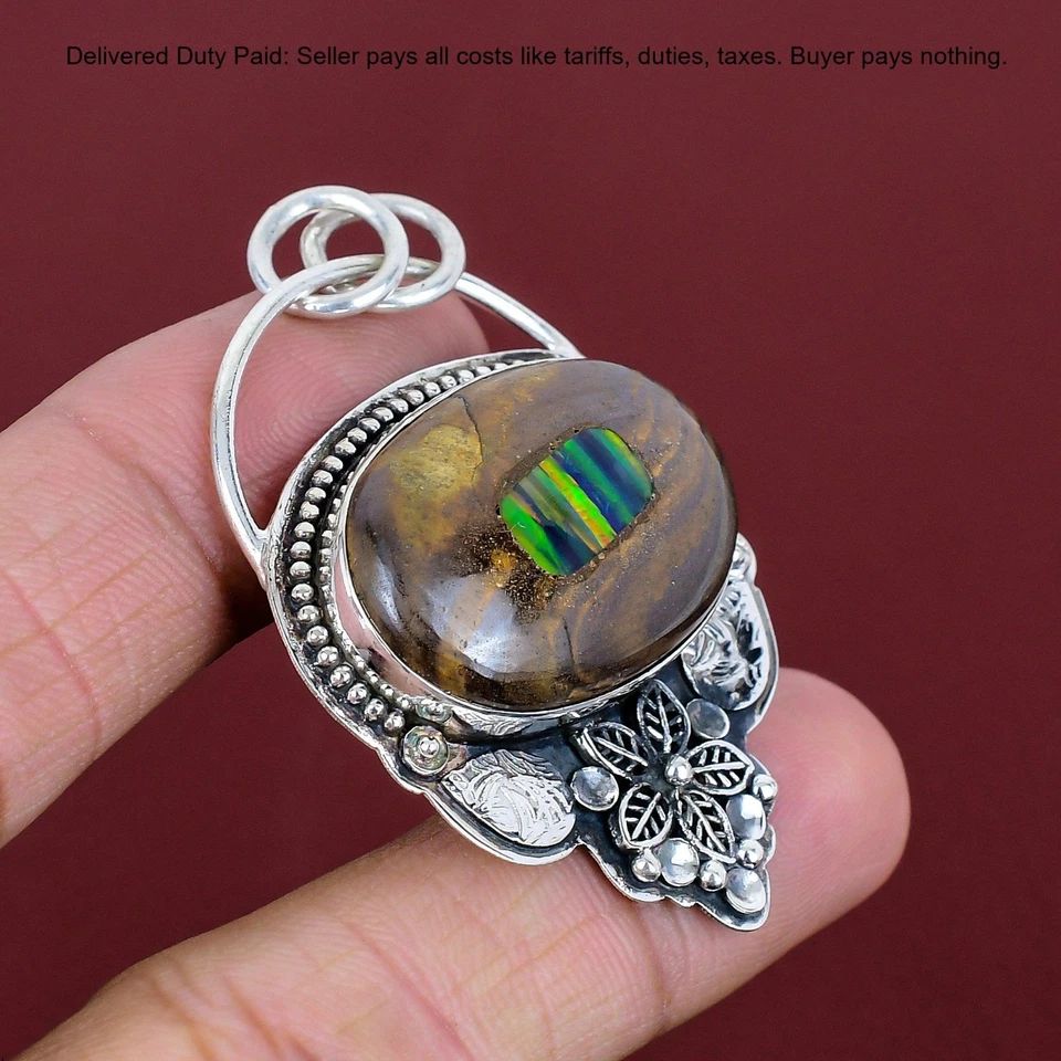 Кулон на день рождения из стерлингового серебра 925 пробы с этопийским опалом и камнем опалом и цветком - Изображение 4 из 4