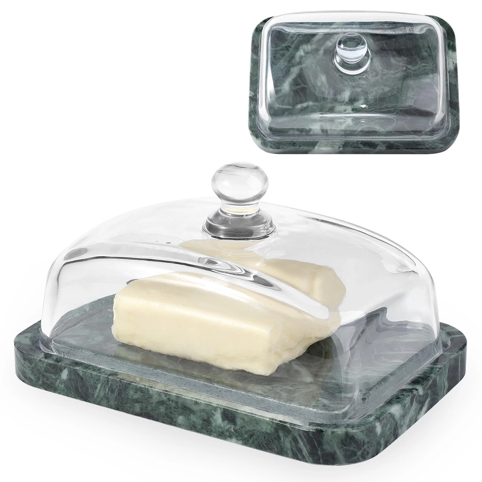 Koville Green Marble Butter Dish with Glass Lid for 7" x 5", Indian