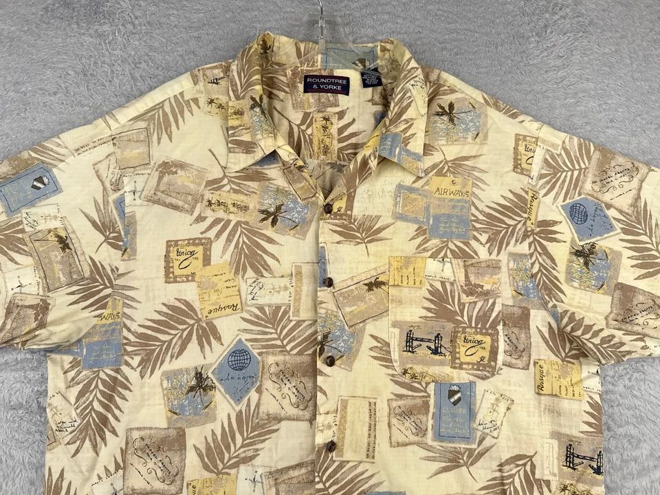 Roundtree & Yorke Shirt Men 2XL XXL Yellow Palm Postcards Stamp Cotton Hawaiian - Image 4 of 4