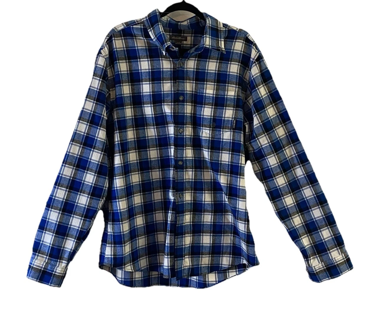 Eddie Bauer Flannel Shirt Men Large Blue Plaid Relaxed Fit Button Down Outdoors