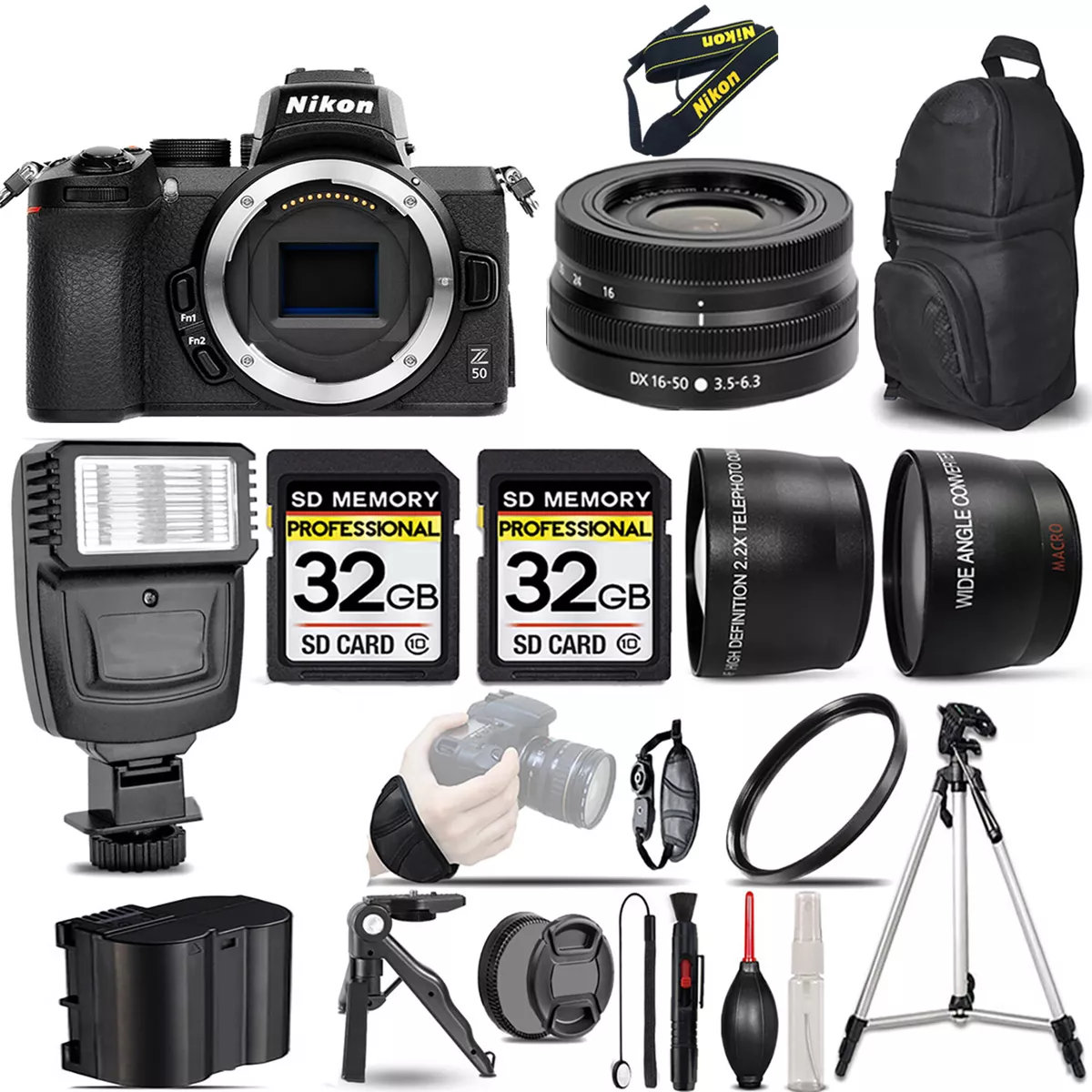 Nikon Z50 Mirrorless Camera +16-50mm f/3.5-6.3 VR Lens +Flash +64GB- Kit